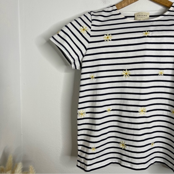 Sézane Evan Striped Daisy Embroidered T-Shirt 100% Cotton Luxury Designer Sz S - Picture 4 of 14
